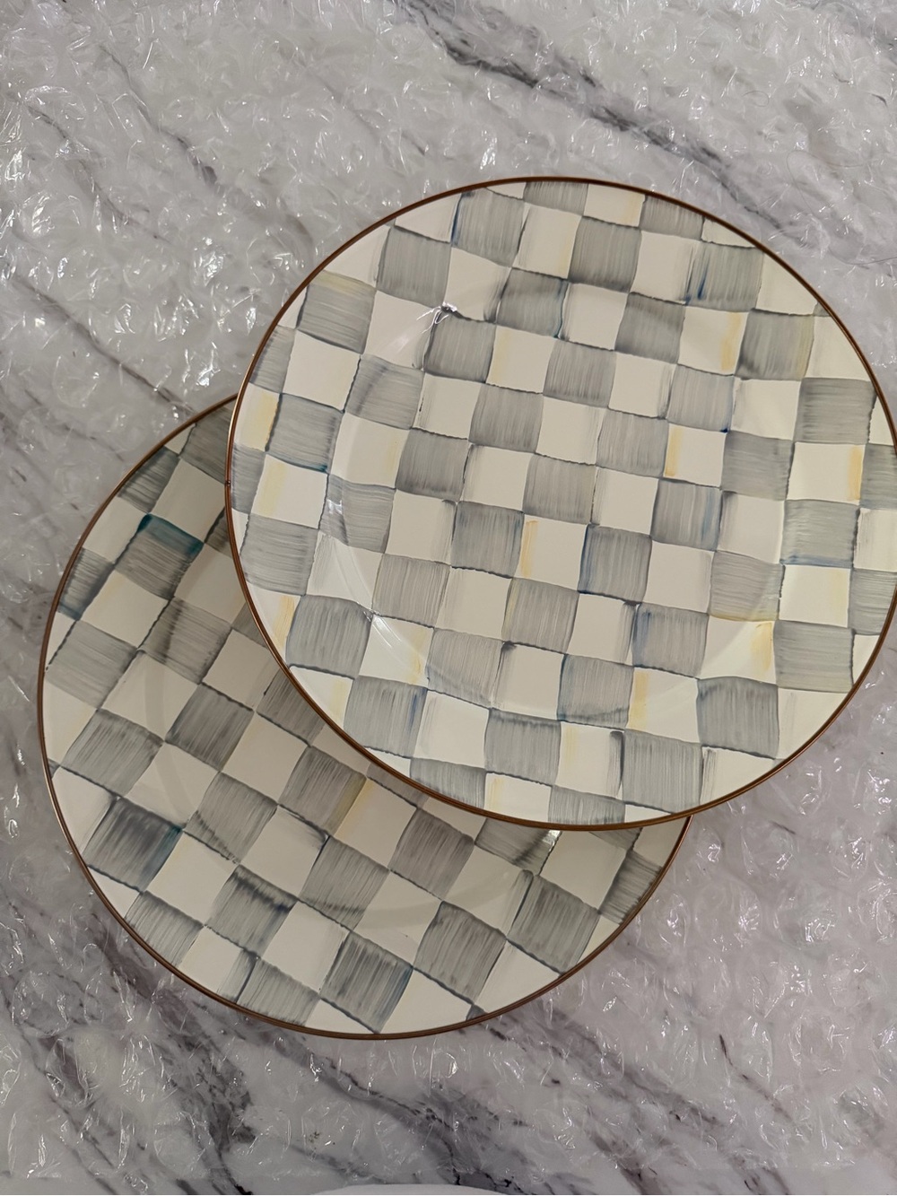 Mackenzie Childs Hand-Painted Checkered enamel charger  Plates — Cream & Gray